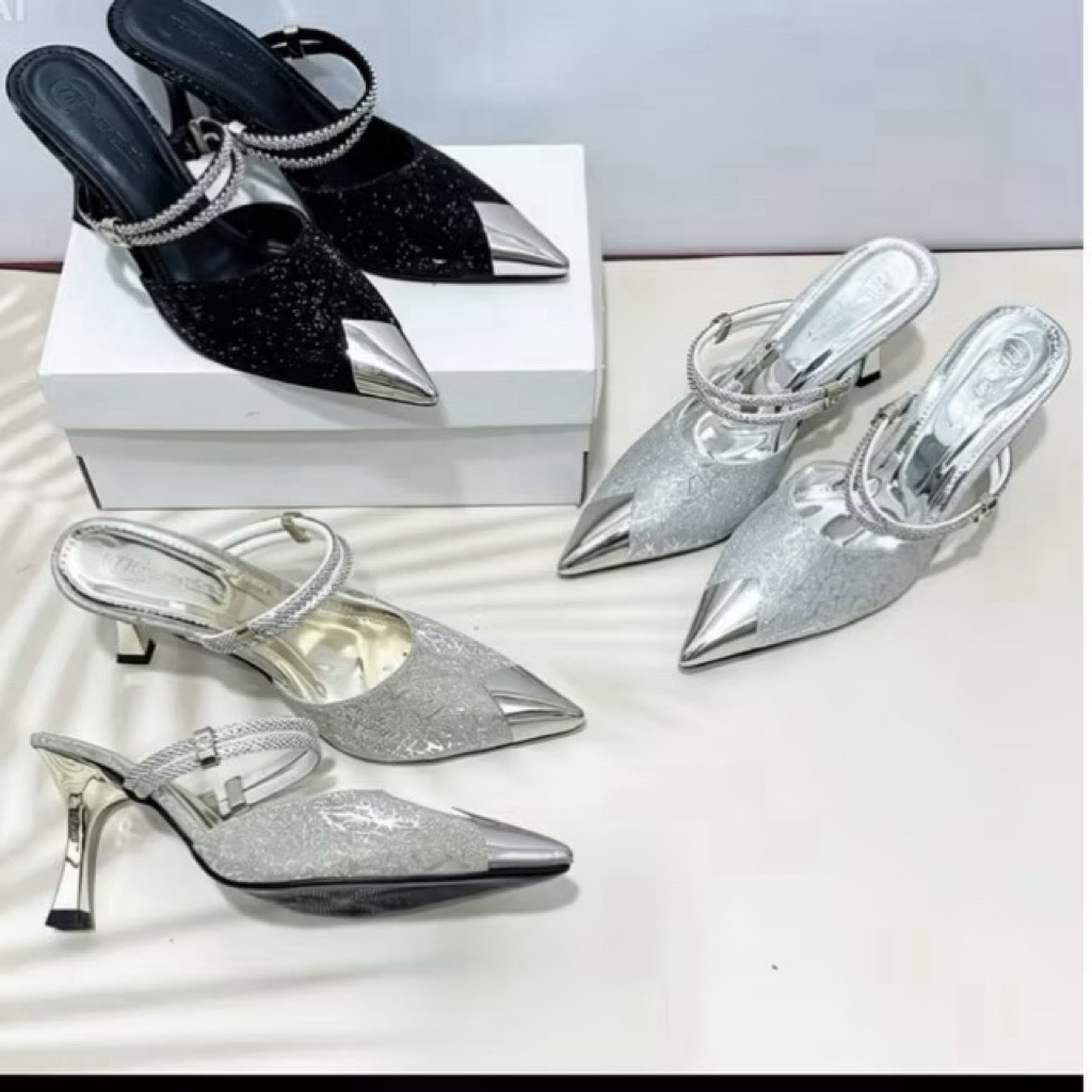 Bigsize 35-41 Giầy sục bọc mũi mạ vàng chất da kim tuyến ánh kim mềm êm hậu dây đá gót cao 5p 7p 9p mã B17