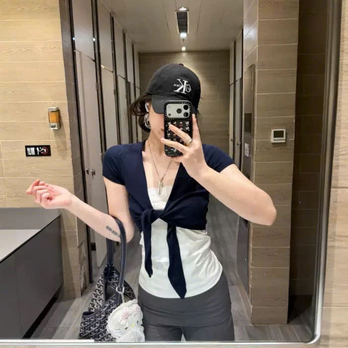 Set Áo Cardigan Cộc Tay Buộc Nơ Phối Áo Ren Nữ Hot Trend