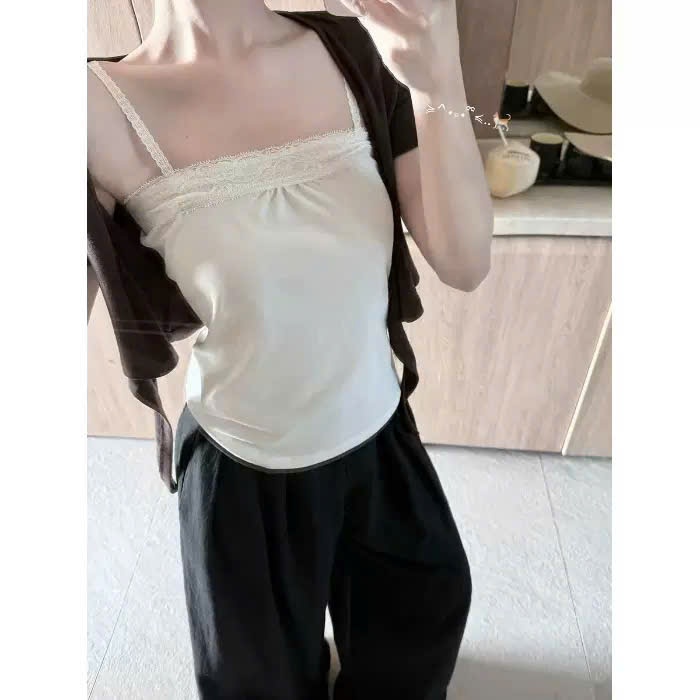 Set Áo Cardigan Cộc Tay Buộc Nơ Phối Áo Ren Nữ Hot Trend