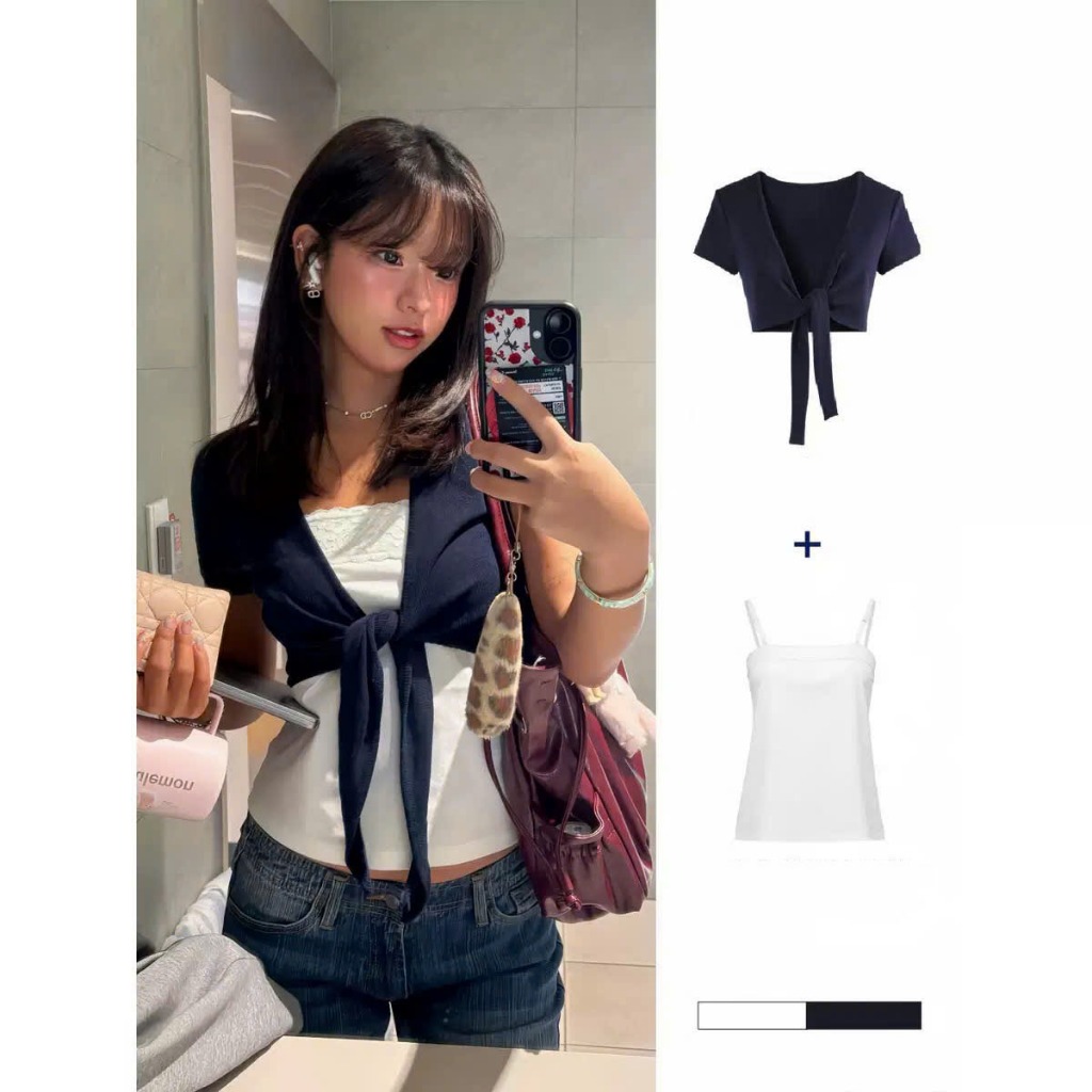 Set Áo Cardigan Cộc Tay Buộc Nơ Phối Áo Ren Nữ Hot Trend