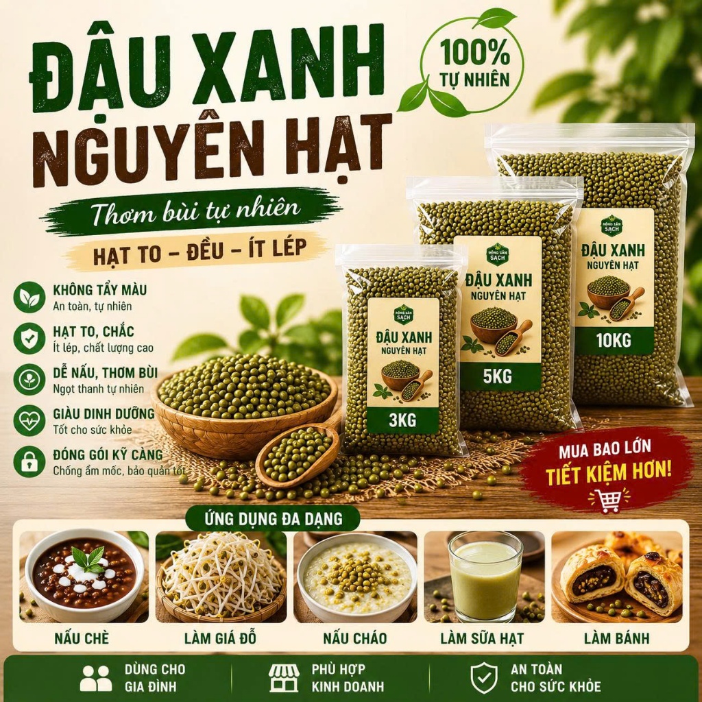 [Sỉ] Đậu Xanh Nguyên Hạt Bao Lớn – Hạt Đẹp Ít Lép – Dùng Gia Đình / Kinh Doanh