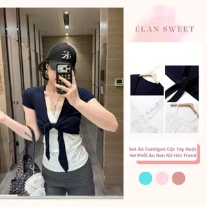 Set Áo Cardigan Cộc Tay Buộc Nơ Phối Áo Ren Nữ Hot Trend