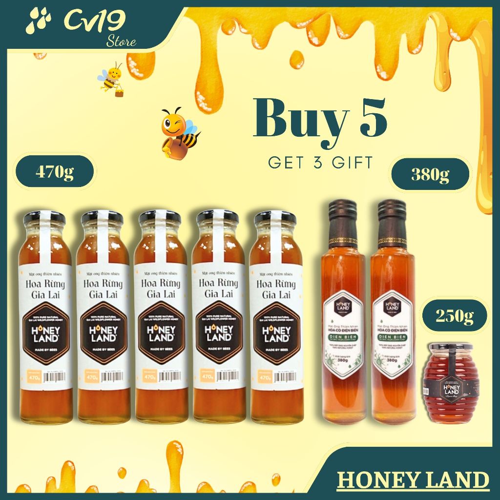 [SIÊU RẺ] HONEY LAND - Bộ 5 Chai mật Gia Lai 470g + 3 Hủ mật hoa rừng 250g + 3 Lon cá sốt cà 155g