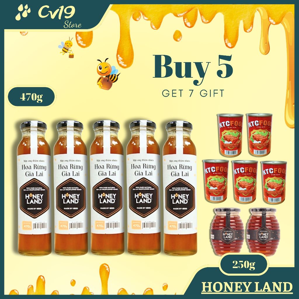 [SIÊU RẺ] HONEY LAND - Bộ 5 Chai mật Gia Lai 470g + 3 Hủ mật hoa rừng 250g + 3 Lon cá sốt cà 155g