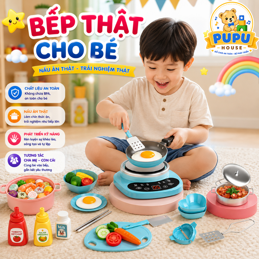 Đồ Chơi Nhà Bếp Bộ Đồ Dùng Nấu Ăn Thật Kèm Nhiều Phụ Kiện Cho Bé Đồ Chơi Cho Bé Gái - PUPU HOUSE