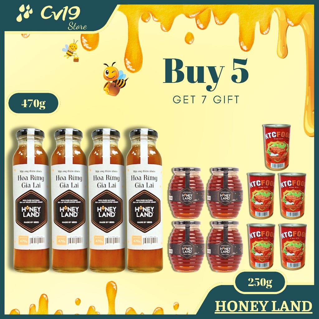 [SIÊU RẺ] HONEY LAND - Bộ 5 Chai mật Gia Lai 470g + 3 Hủ mật hoa rừng 250g + 3 Lon cá sốt cà 155g