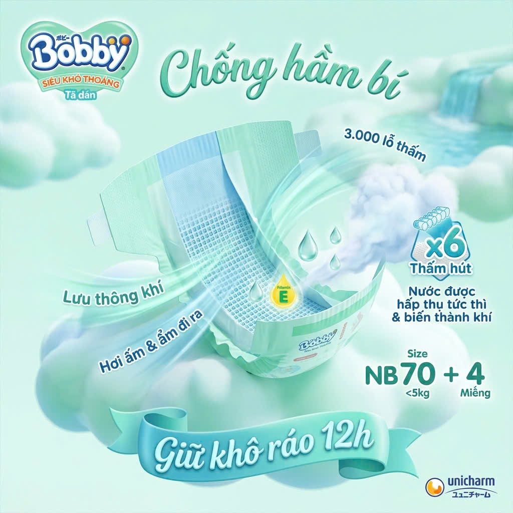TÃ DÁN BOBBY SIÊU KHÔ THOÁNG NEWBORN XS70 (DƯỚI 5KG) - CÔNG NGHỆ LÕI NÉN  SIÊU MỎNG