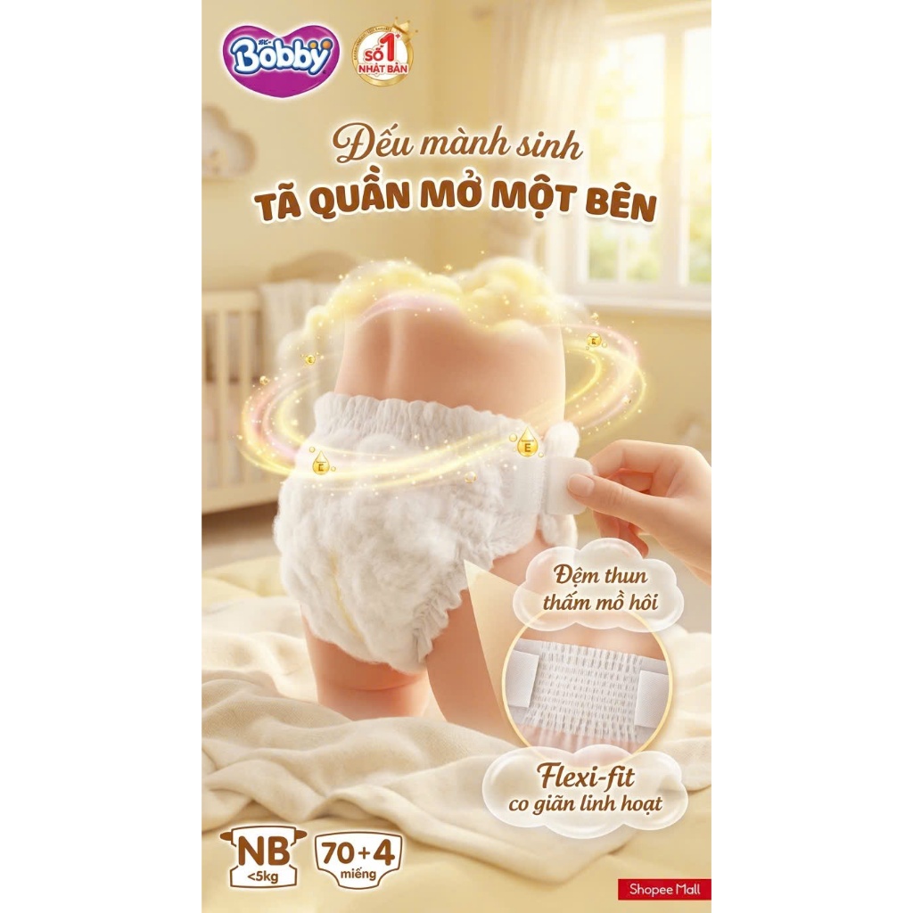 TÃ DÁN BOBBY SIÊU KHÔ THOÁNG NEWBORN XS70 (DƯỚI 5KG) - CÔNG NGHỆ LÕI NÉN  SIÊU MỎNG