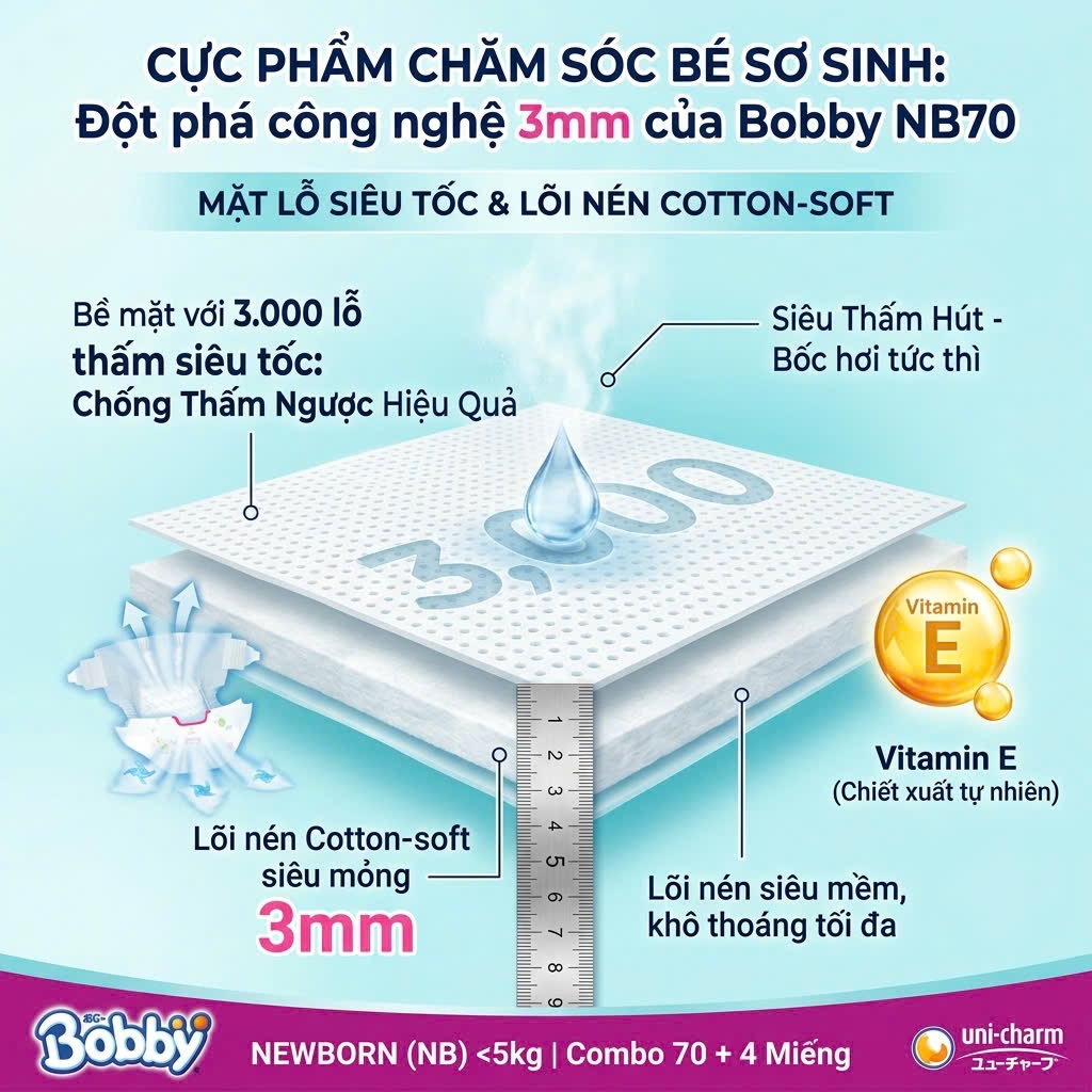 TÃ DÁN BOBBY SIÊU KHÔ THOÁNG NEWBORN XS70 (DƯỚI 5KG) - CÔNG NGHỆ LÕI NÉN  SIÊU MỎNG