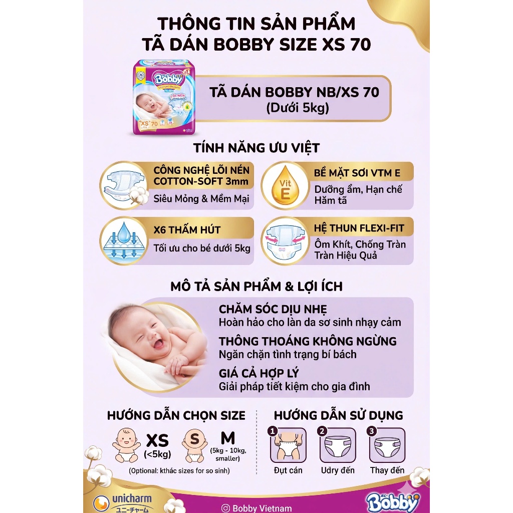 TÃ DÁN BOBBY SIÊU KHÔ THOÁNG NEWBORN XS70 (DƯỚI 5KG) - CÔNG NGHỆ LÕI NÉN  SIÊU MỎNG