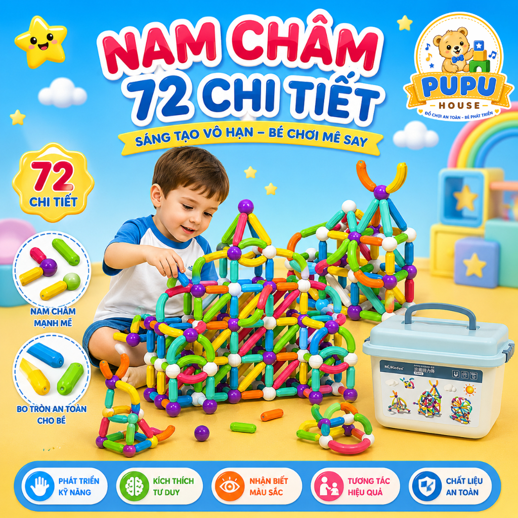 Đồ Chơi Nam Châm Xếp Hình Bộ Xếp Hình Nam Châm 72 Chi Tiết Lắp Ghép Sáng Tạo - Đồ Chơi PUPU HOUSE