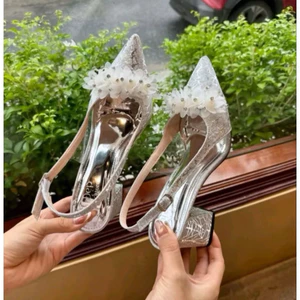 Bigsize 35-41 Giầy cao gót mũi nhọn hậu khoá cài chất da kim tuyến anh kim gắn nơ bông mai đính đá gót cao 5-9p mã B18
