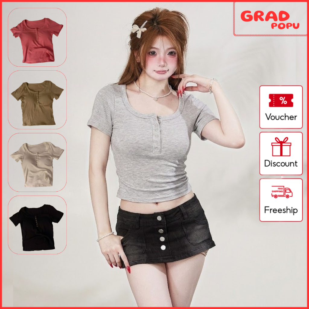 Áo thun nữ tay ngắn GRADPOPU cổ tròn cài nút có đệm ngực trong form ôm phong cách thường ngày AN322