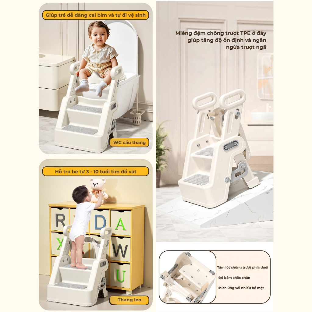 Thang bô vệ sinh cho bé BBKids, Nắp thu nhỏ bồn cầu có tay vịn, Gấp gọn gàng, Chống trơn trượt - BB011
