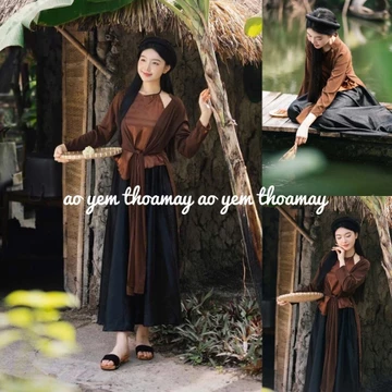 Áo tứ thân nâu chụp mùa hoa sen áo khoác lụa mỹ cs3