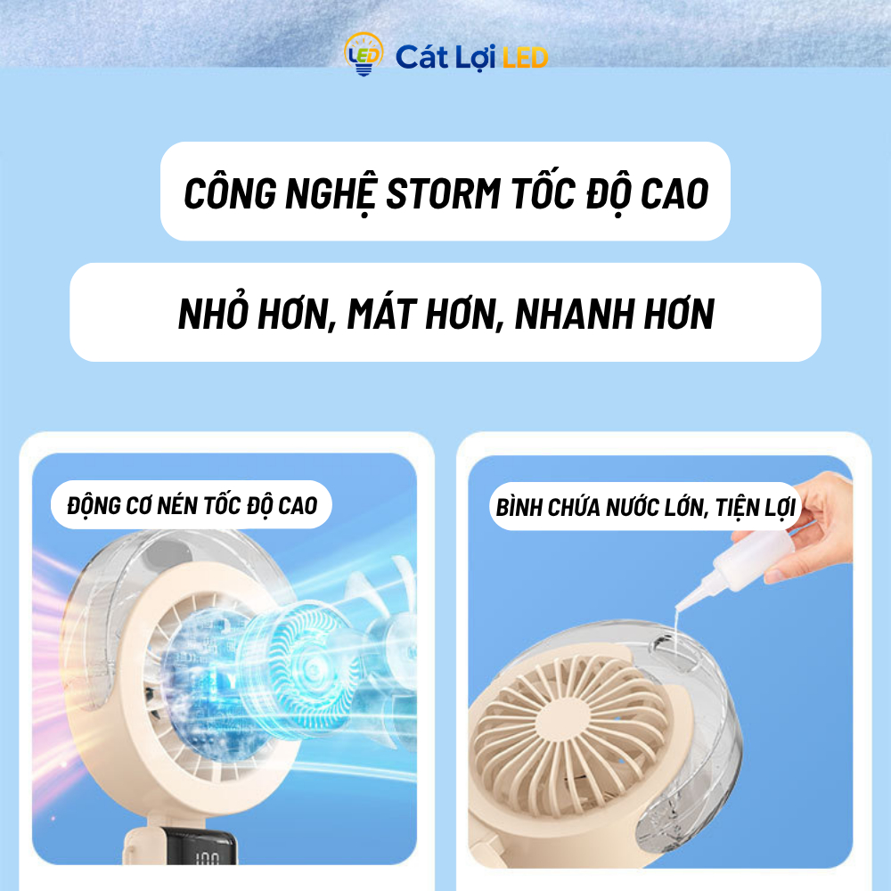 Quạt phun sương mini cầm tay phun nước tạo ẩm kèm cổng sạc USB, màn hình LED