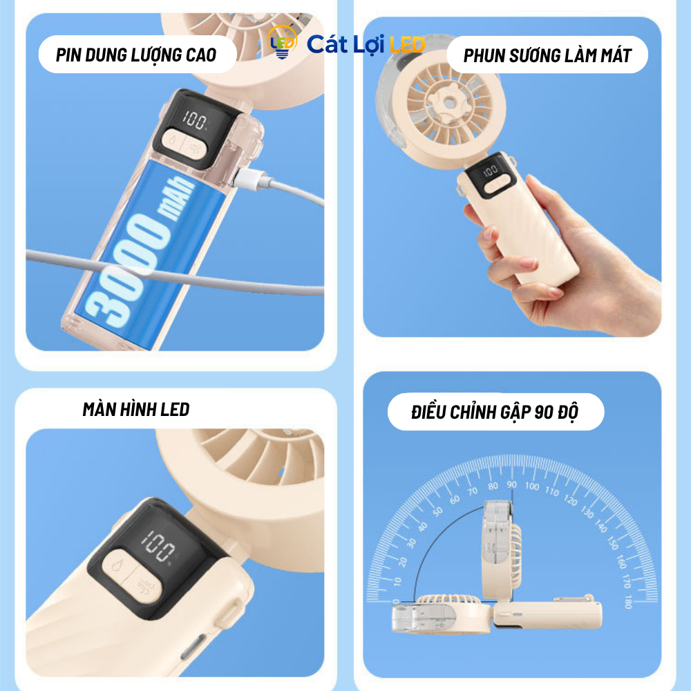 Quạt phun sương mini cầm tay phun nước tạo ẩm kèm cổng sạc USB, màn hình LED