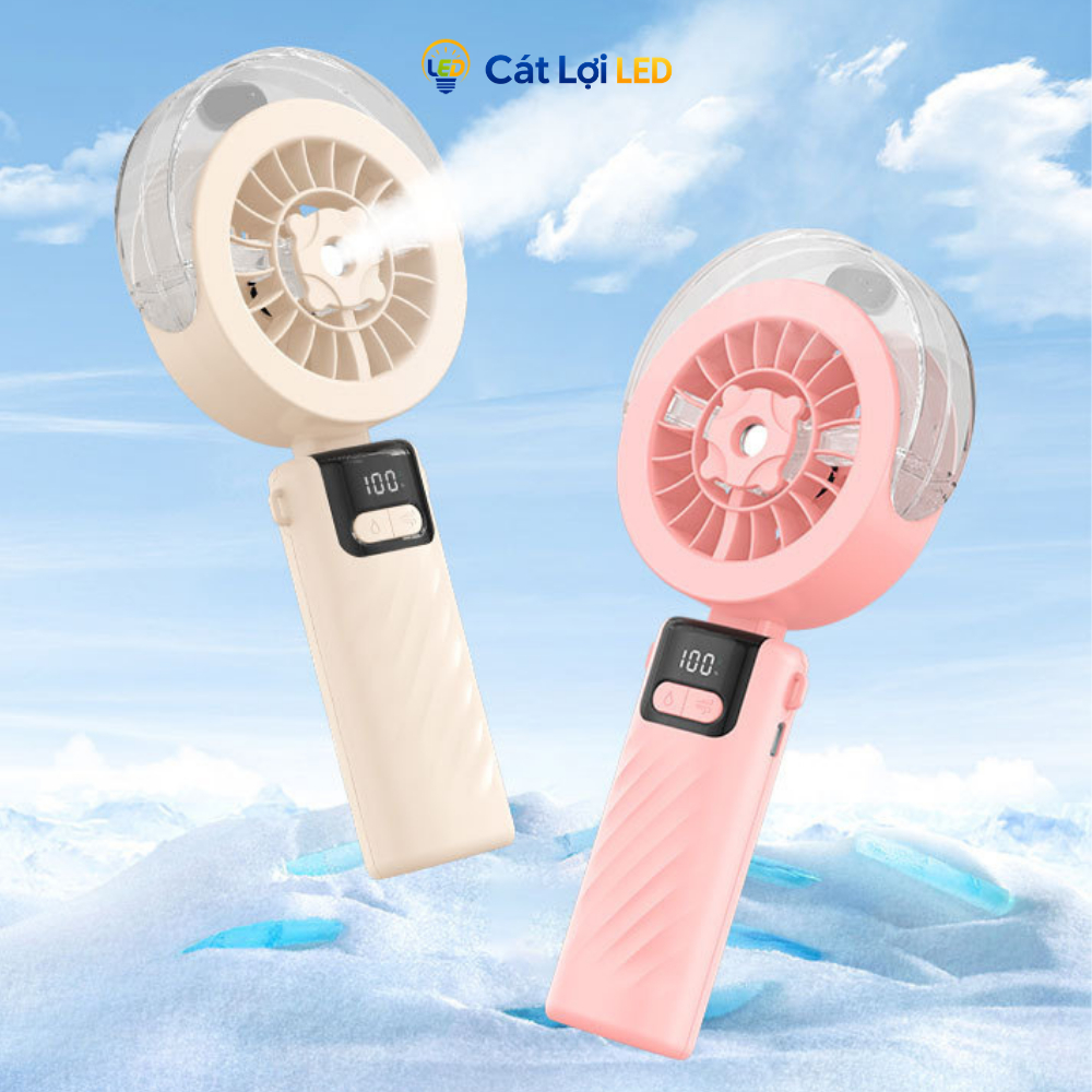 Quạt phun sương mini cầm tay phun nước tạo ẩm kèm cổng sạc USB, màn hình LED