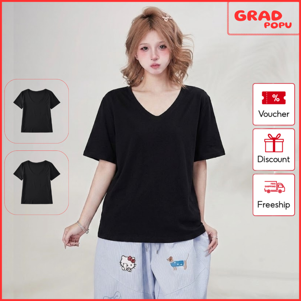 Áo thun nữ GRADPOPU tay ngắn cổ chữ V basic dễ phối đồ form rộng phong cách thường ngày AN325