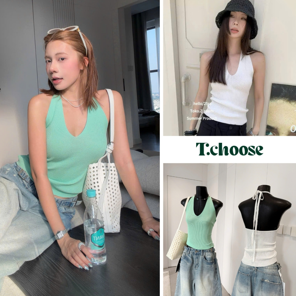 Áo cổ yếm thun tăm buộc dây hở lưng 25118 TCHOOSE