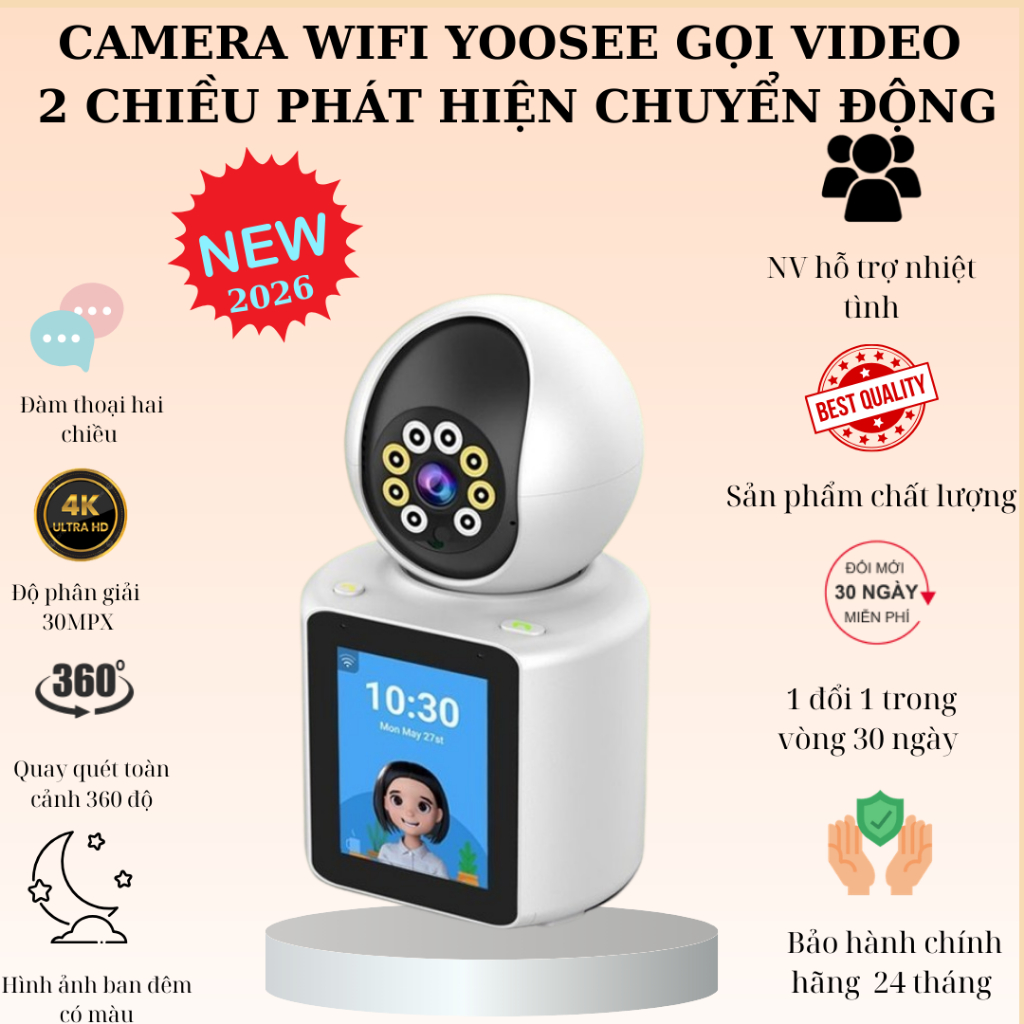 (Lỗi 1 đổi 1) NEW 2026 Camera WIFI YOOSEE gọi Video 2 chiều Với màn hình IPS 2.8 inch, Phát hiện chuyển động