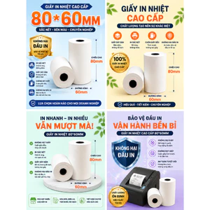 Giấy in nhiệt 80x60mm In rõ nét | Không kẹt giấy | Đủ mét |Giấy in hóa đơn POS cho nhà hàng, cà phê, siêu thị, tạp hoá