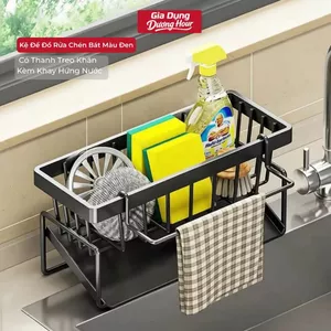 Kệ Để Đồ Rửa Chén Bát Màu Đen Có Thanh Treo Khăn Kèm Khay Hứng Nước Tiện Lợi Đa Năng
