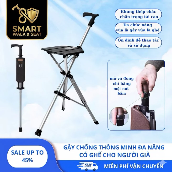 Gậy chống có ghế ngồi gấp gọn thông minh cho người già M010, Gậy chống đa năng cho người già (Bảo hành 12 tháng)
