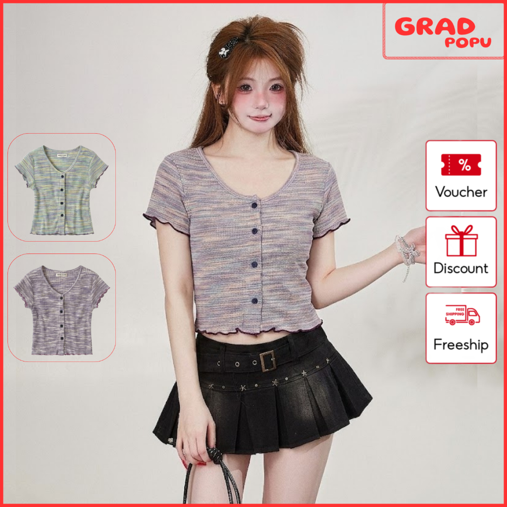Áo dệt kim nữ GRADPOPU tay ngắn cổ chữ V dáng ngắn sọc cầu vồng cài cúc mùa hè thoáng mát AN321