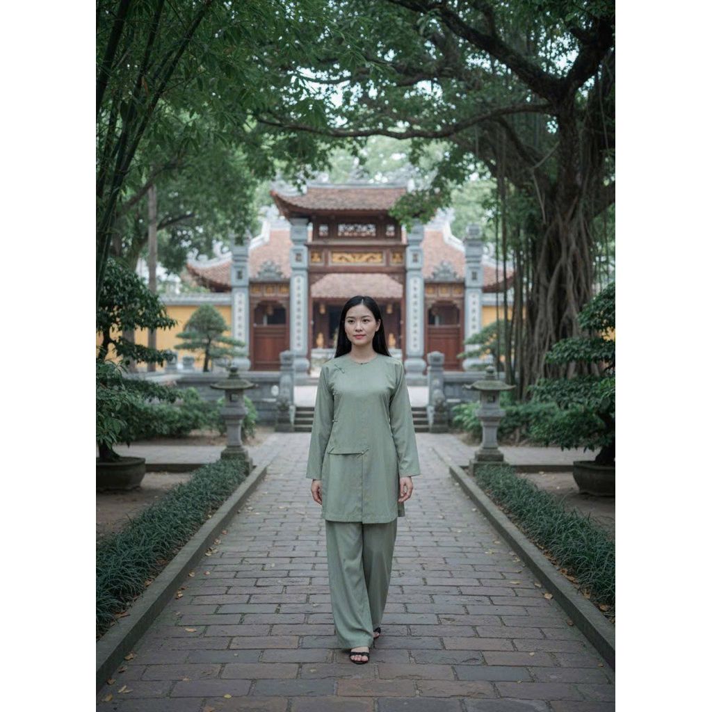 Pháp phục - Bộ Đồ Lam vạt hò form Ni nút thắt tà dài truyền thống chất vải linen cao cấp