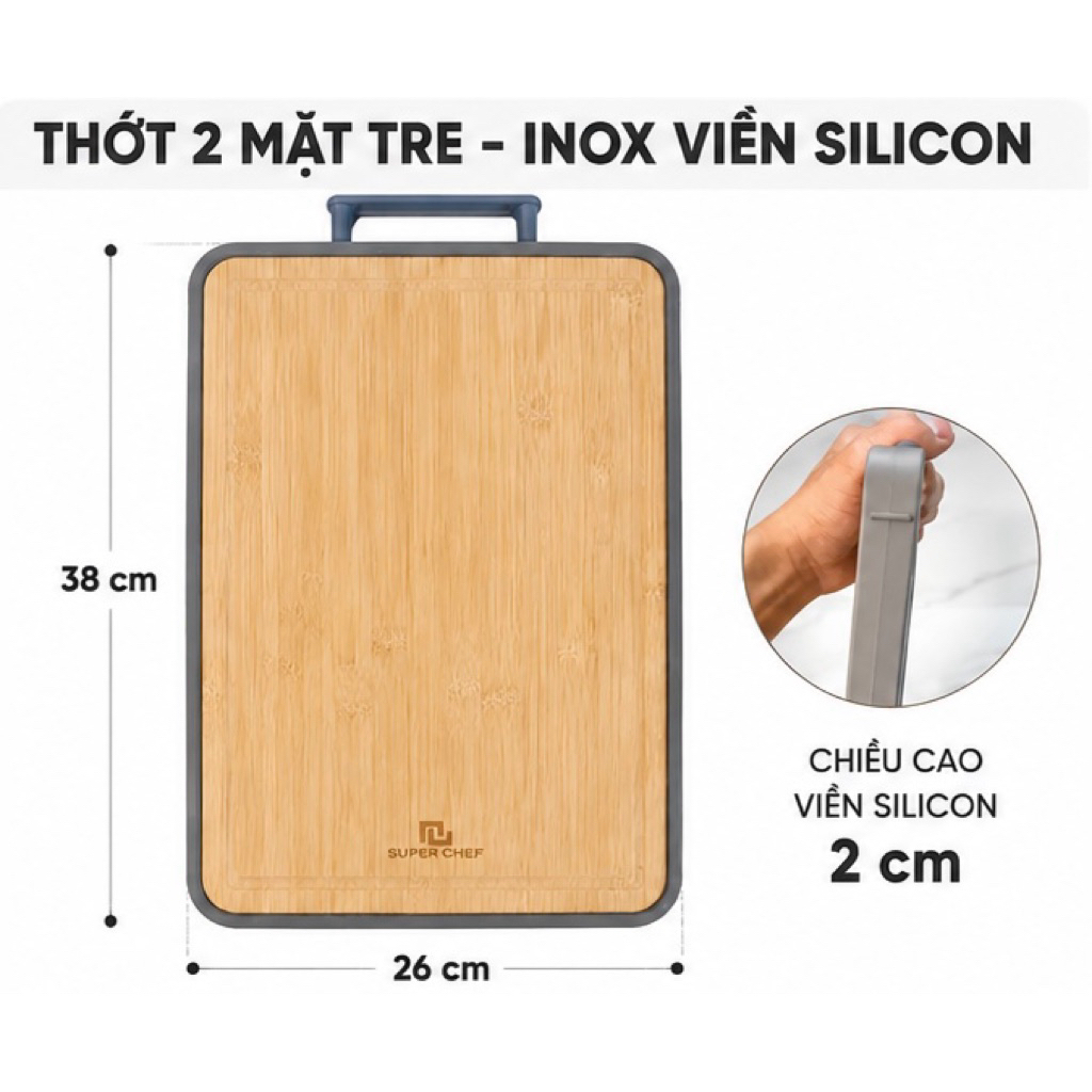 Thớt 2 Mặt Kháng Khuẩn Super Chef SC-CB3826 - Một Mặt Tre Tự Nhiên, Một Mặt Inox 304 Cao Cấp Chính Hãng