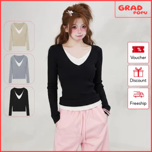 Áo len nữ dài tay GRADPOPU cổ chữ V giả hai mảnh thiết kế niche giảm béo bên trong xếp lớp PAL388