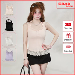 Áo 2 dây nữ GRADPOPU viền ren buộc cổ ôm body vải gân co giãn phong cách Hàn Quốc thiểu thư PB69