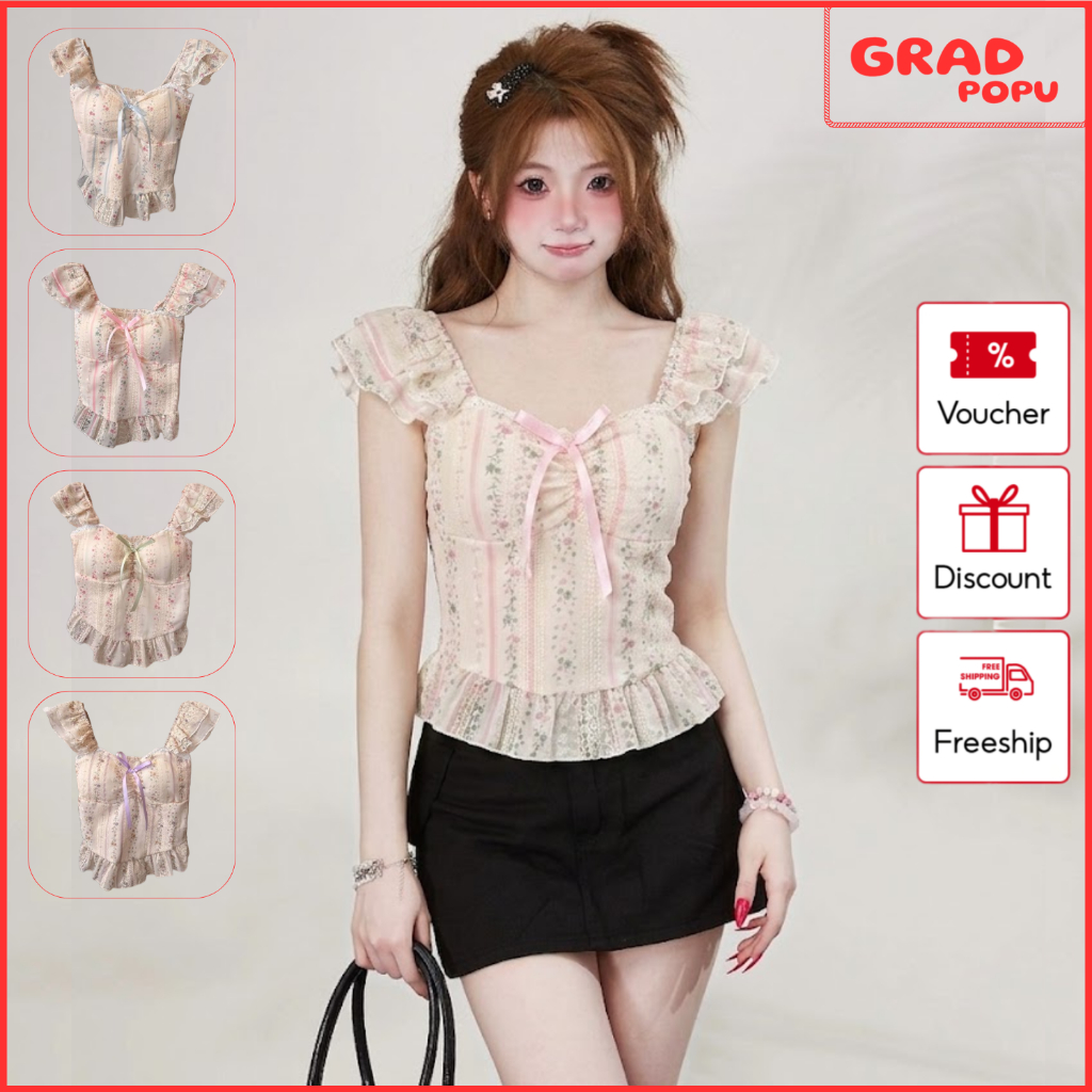 Áo kiểu nữ hoa nhí GRADPOPU tay bèo form ôm body dáng corset buộc nơ ngực phong cách tiểu thư PB71