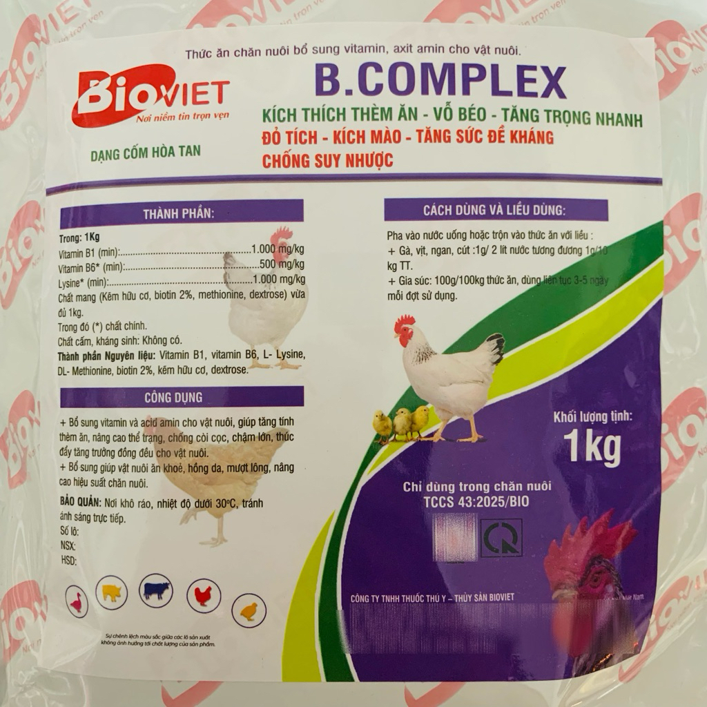 B.COMPLEX BIOVIET 1KG (10 Gói x 100g) Hỗ Trợ Kích Thích Thèm Ăn, Vỗ Béo, Tăng Trọng Nhanh Cho Heo, Gà, Vịt