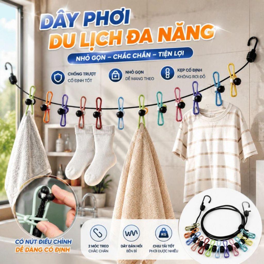 Dây Phơi Đồ Du Lịch ALOHOME Có Kẹp Cố Định, Dây Treo Quần Áo Co Giãn Tiện Dụng Khi Đi Du Lịch