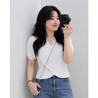 Áo thun bigsize tay ngắn vạt đắp chéo cổ chữ V chất gân tăm dễ thương cho bạn Chubby G36