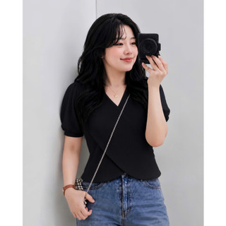 Áo thun bigsize tay ngắn vạt đắp chéo cổ chữ V chất gân tăm dễ thương cho bạn Chubby G36