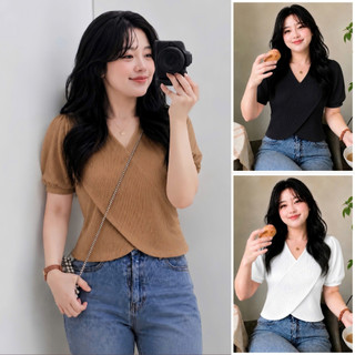 Áo Thun Tay Ngắn Bigsize Cô Nhỏ Thiết Kế Đắp Chéo Phom Rộng Chất Gân Tăm Co Giãn G36