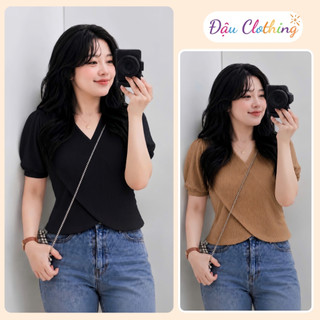 Áo thun bigsize tay ngắn vạt đắp chéo cổ chữ V chất gân tăm dễ thương cho bạn Chubby G36
