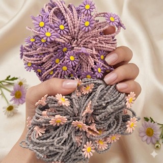 Dây Buộc Tóc Thun Gợn Sóng Đính Hoa Cúc Nhỏ Vintage , Co Giãn Cao Cấp Hàn Quốc Nhiều Màu Cho Nữ