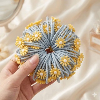 Dây Buộc Tóc Thun Gợn Sóng Đính Hoa Cúc Nhỏ Vintage , Co Giãn Cao Cấp Hàn Quốc Nhiều Màu Cho Nữ