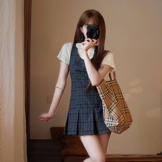 Set Váy Yếm Kẻ Caro Xếp Ly Mix Áo Thun Cổ Sen Nữ Dáng Ngắn Tiểu Thư Dễ Thương Style Hàn Quốc Đi Chơi Xinh Xắn
