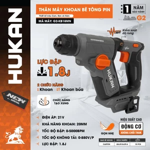 Máy Khoan Bê Tông Pin mini HUKAN G2-KB18MN, Lực Búa 1.8J, Không Chổi Than, Có Giảm Rung Chân