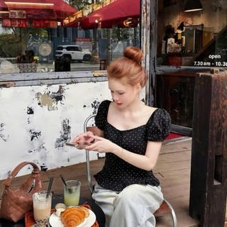 Áo Croptop Nữ Cổ Vuông Tay Bồng Chấm Bi Style Tiểu Thư Hàn Quốc Dáng Ngắn Dễ Phối Đồ 1351 247Store
