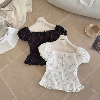 Áo Croptop Nữ Cổ Vuông Tay Bồng Chấm Bi Style Tiểu Thư Hàn Quốc Dáng Ngắn Dễ Phối Đồ 1351 247Store