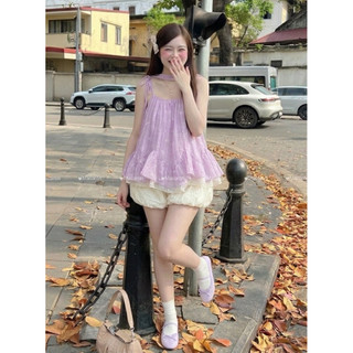 Áo Babydoll 2 Dây Cột Nơ Bèo Tầng, Dễ Thương chất liệu tơ mềm in hoa - 015 Macaron