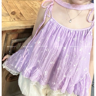 Áo Babydoll 2 Dây Cột Nơ Bèo Tầng, Dễ Thương chất liệu tơ mềm in hoa - 015 Macaron
