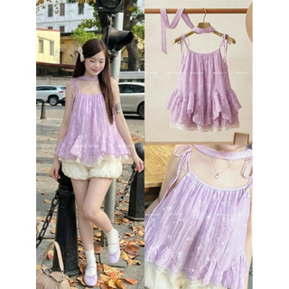 Áo Babydoll 2 Dây Cột Nơ Bèo Tầng, Dễ Thương chất liệu tơ mềm in hoa - 015 Macaron