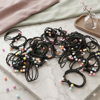 Dây Buộc Tóc Thun Đen Đính Hạt Đậu Màu Sắc Cute Sợi Mảnh Co Giãn Tốt Giá Sỉ Cho Học Sinh Sinh Viên